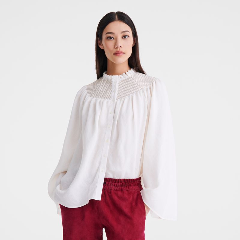 Bluzka Damskie Longchamp Blouse Smocked veil Ecru | PL7715LI