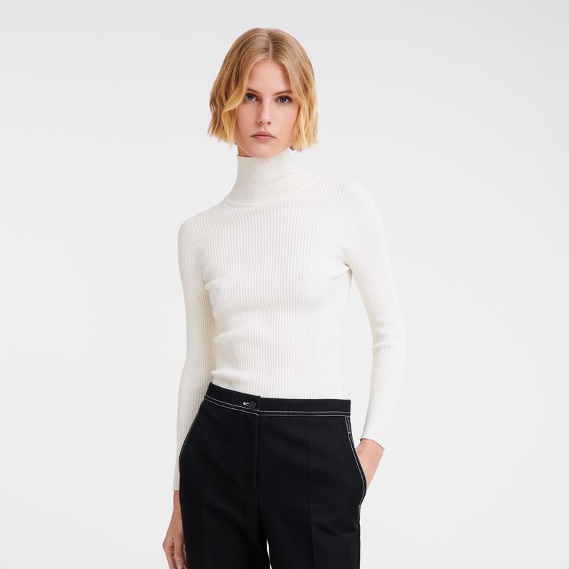 Sweter Damskie Longchamp High collar fitted Knit Ecru | PL7802WN